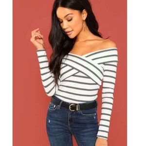 SHEIN Criss Cross Bardot Striped Tee